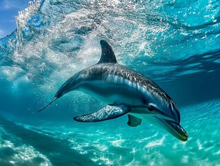 Fototapeta premium A dolphin swimming in the ocean with a blue sky in the background