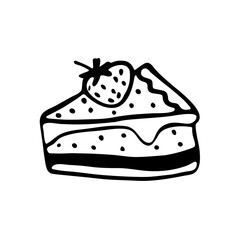 A cute hand-drawn slice of cake, a black and white piece of cake icon, a pastry doodle