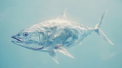 Fototapeta premium Hyperrealistic bluefin tuna illustration on light blue background, showcasing detailed scales, fins, and metallic silver sheen in professional studio lighting conditions.