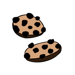 Two hand-drawn chocolate chip cookies, flat design pastry, colored cookie icon