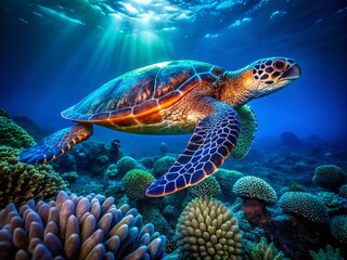 Obraz premium Bioluminescent Sea Turtle Swimming Through Coral Reefs in Dark Ocean