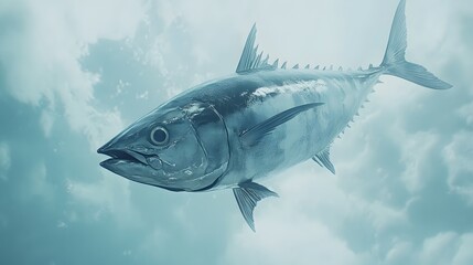 Fototapeta premium Hyperrealistic bluefin tuna illustration on light blue background, showcasing detailed scales, fins, and metallic silver sheen in professional studio lighting conditions.