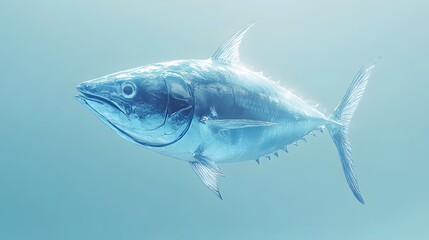 Naklejka premium Hyperrealistic bluefin tuna illustration on light blue background, showcasing detailed scales, fins, and metallic silver sheen in professional studio lighting conditions.