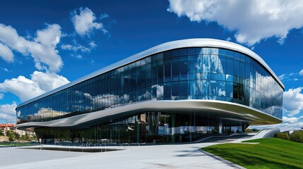 Fototapeta premium Contemporary office building with glass facades reflecting the bright blue sky and white clouds, creating a futuristic feel.