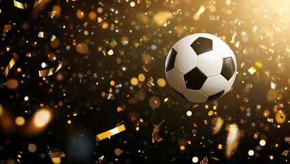 Naklejka premium Soccer Ball Flying in the Air with Stadium Lights and Confetti, High-Quality Football Match Illustration