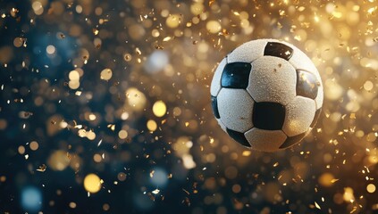 Fototapeta premium Soccer Ball Flying in the Air with Stadium Lights and Confetti, High-Quality Football Match Illustration