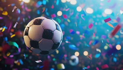 Fototapeta premium Soccer Ball Flying in the Air with Stadium Lights and Confetti, High-Quality Football Match Illustration