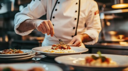 Chef in White Uniform Arranging a Plate of Food with a Fork