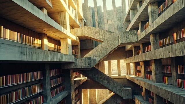 Brutalist library with heavy, monolithic concrete blocks and narrow vertical windows, creating a fortress of knowledge. . Video