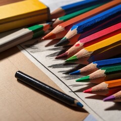 Fototapeta premium Closeup of vibrant colored pencils and charcoal sticks arranged creatively, highlighting their rich textures and array of shades for artistic inspiration
