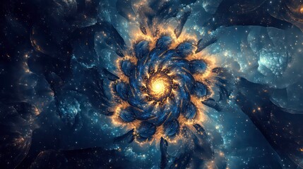 Fototapeta premium A mesmerizing spiral galaxy-like fractal design with golden highlights against a dark background.