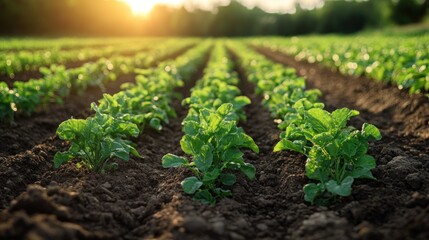 Lush green vegetable rows in a sunlit field.