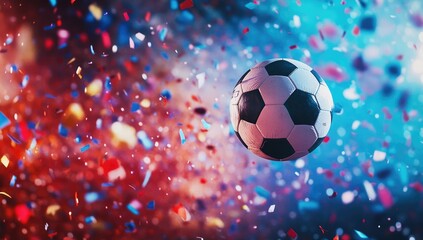 Fototapeta premium Soccer Ball Flying in the Air with Stadium Lights and Confetti, High-Quality Football Match Illustration