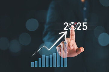 Goal and target business 2025 concept, Business people analyze financial data chart trading forex, Investing in stock markets, funds and digital assets, Business finance technology and investment.