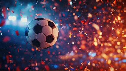 Fototapeta premium Soccer Ball Flying in the Air with Stadium Lights and Confetti, High-Quality Football Match Illustration