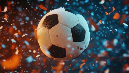 Naklejka premium Soccer Ball Flying in the Air with Stadium Lights and Confetti, High-Quality Football Match Illustration
