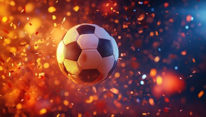 Naklejka premium Soccer Ball Flying in the Air with Stadium Lights and Confetti, High-Quality Football Match Illustration