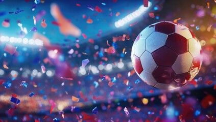 Naklejka premium Soccer Ball Flying in the Air with Stadium Lights and Confetti, High-Quality Football Match Illustration