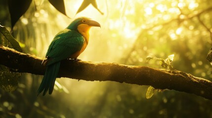 Obraz premium Vibrant Green and Yellow Toucan Perched on a Branch in a Sun-Dappled Forest