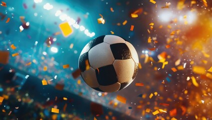 Fototapeta premium Soccer Ball Flying in the Air with Stadium Lights and Confetti, High-Quality Football Match Illustration