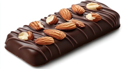 Obraz premium Protein bar with a chocolate coating and nut toppings, showing a nutritious snack option, isolated on white