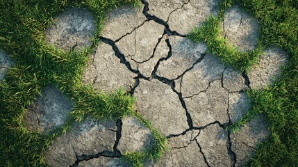 Cracked sidewalk with grass growing through the cracks
