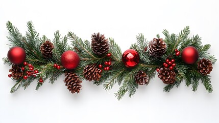 Christmas pine garland frame decorated with red baubles, pine cones, and festive berries, creating a symmetrical holiday border arrangement on white background.