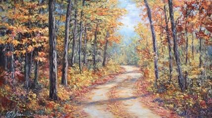 Obraz premium Serene Autumn Forest Pathway in Vibrant Colors