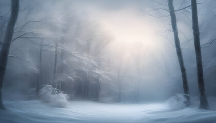 Obraz premium Blurred nature background of trees and forest in winter. The white snow covering creates a cold atmosphere.