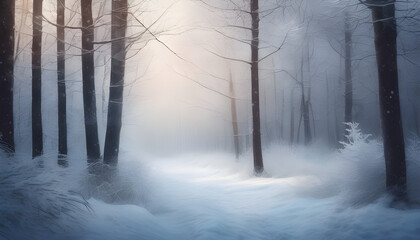 Fototapeta premium Blurred nature background of trees and forest in winter. The white snow covering creates a cold atmosphere.
