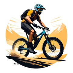 Naklejka premium Mountain Bike trail road great adventure, bicycle custom vintage t shirt design, Man riding a mountain bicycle on the summer day with beautiful landscape of mountain in retro, t shirt design. 