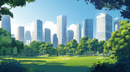 Fototapeta premium Lush green park with tall, modern skyscrapers in the background under a clear blue sky. Perfect mix of nature and cityscape.