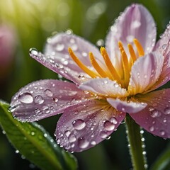Fototapeta premium Delicate flowers adorned with glistening dew drops, showcasing their vibrant colors and intricate petals, creating a refreshing and serene morning ambiance