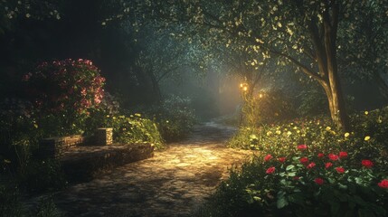 Obraz premium Forest path with a bench and a lamp post