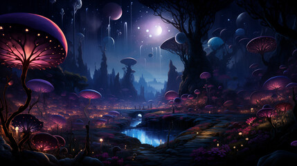 Bright alien landscape with glowing giant fantastical mushrooms, vibrant atmosphere, surreal terrain against a cosmic backdrop