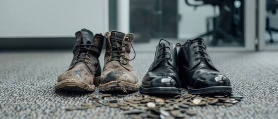 An office setting with two pairs of shoes—muddy boots and polished dress shoes—surrounded by scattered coins, symbolizing duality and contrast.