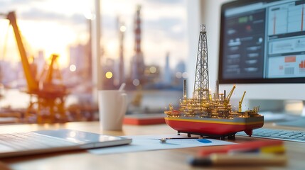 Naklejka premium A miniature oil rig model on a desk with computer screens displaying data and charts.
