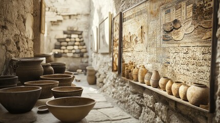 Fototapeta premium Ancient Philistine Artifacts on Display in Historic Setting
