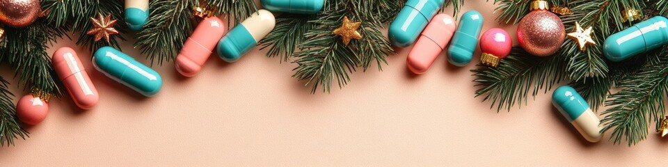 Festive holiday banner with colorful tablets and capsules scattered on snowy surfaces with pine branches and glowing lights, creating a winter-themed healthcare or wellness concept.