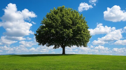 Obraz premium Large tree stands in a lush green field with a clear blue sky above