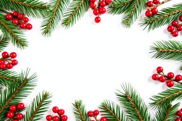Festive evergreen and red berry frame for holiday greetings and invitations