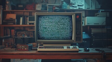 Old CRT monitor with visible reflections and pixelated display on a modern desk setup evoking a blend of eras