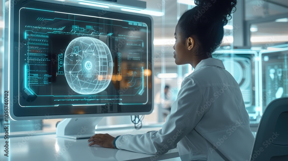 Poster a person viewing a hologram computer monitor at a desk confused in a futuristic office.