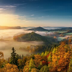 The beautiful autumn forests and sea of clouds sunrise of Singanense of China.