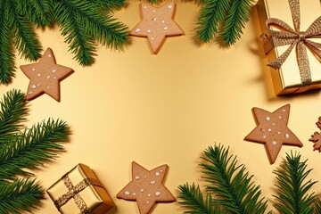 Festive holiday background with gingerbread stars and wrapped gifts amidst greenery