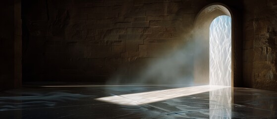 Sunlight streams through an ancient door onto polished stone, casting ethereal patterns and inviting exploration beyond.