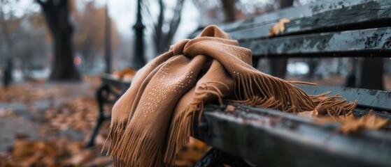 A soft, brown shawl rests delicately on a park bench, surrounded by autumn leaves, suggesting a recent walk on a crisp, fresh morning.