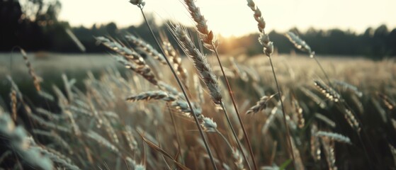 Obraz premium Golden sunset bathes wild wheat stalks in a tranquil field, capturing serene natural beauty at dusk.