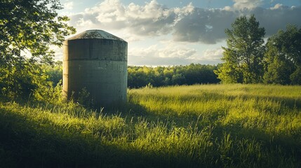 Obraz premium Serene View of Rural Missile Silo Surrounded by Nature