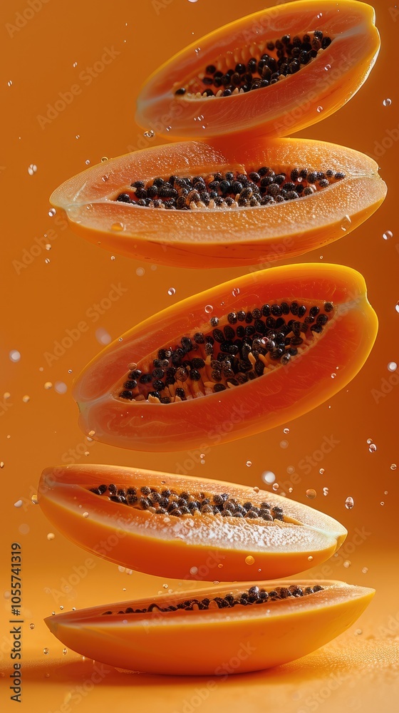 Aufkleber falling identical papaya slices floating in the air isolated on orange background.